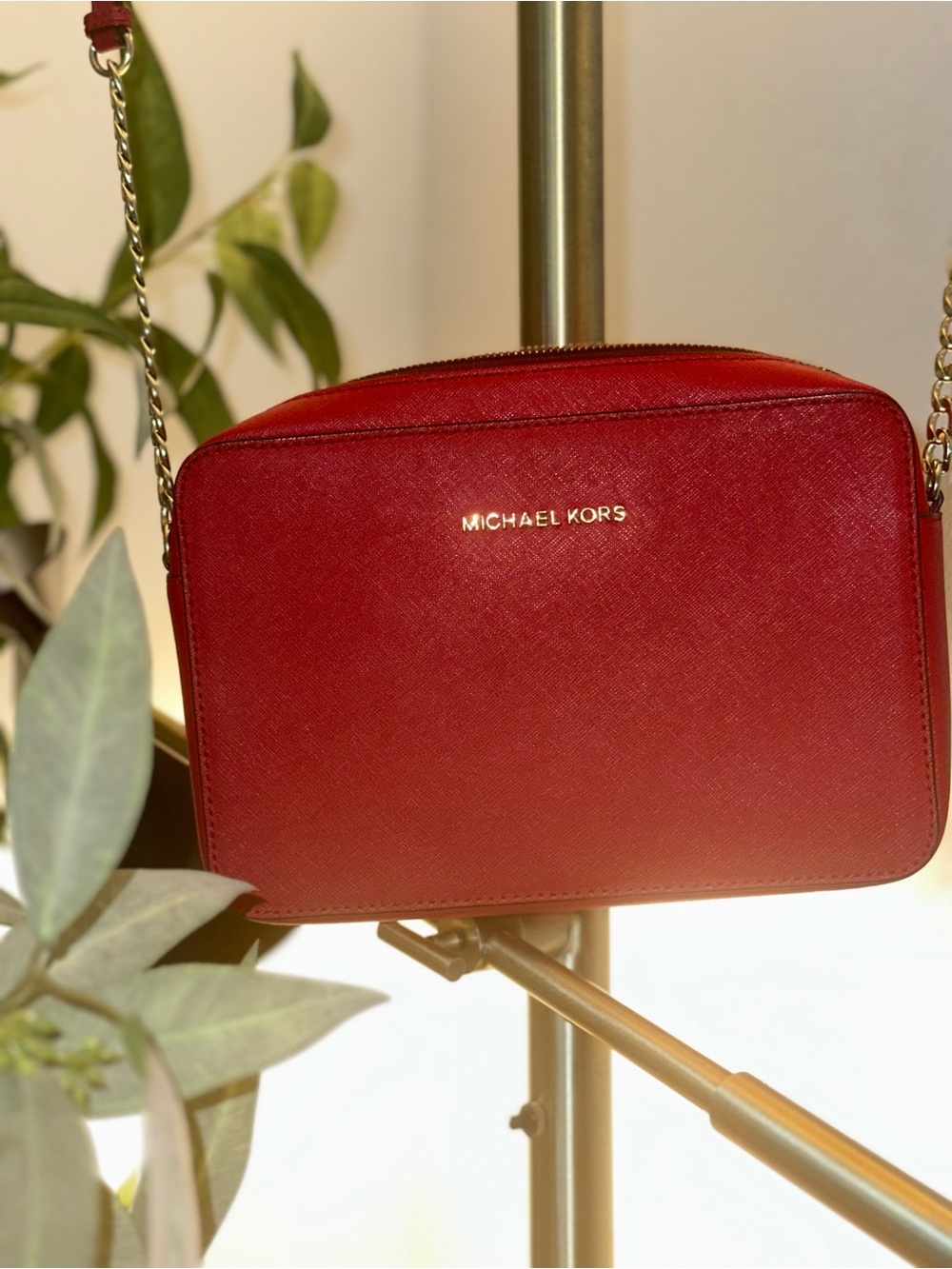 Michael Kors Red Saffiano Leather Crossbody Camera Bag with Gold Hardware